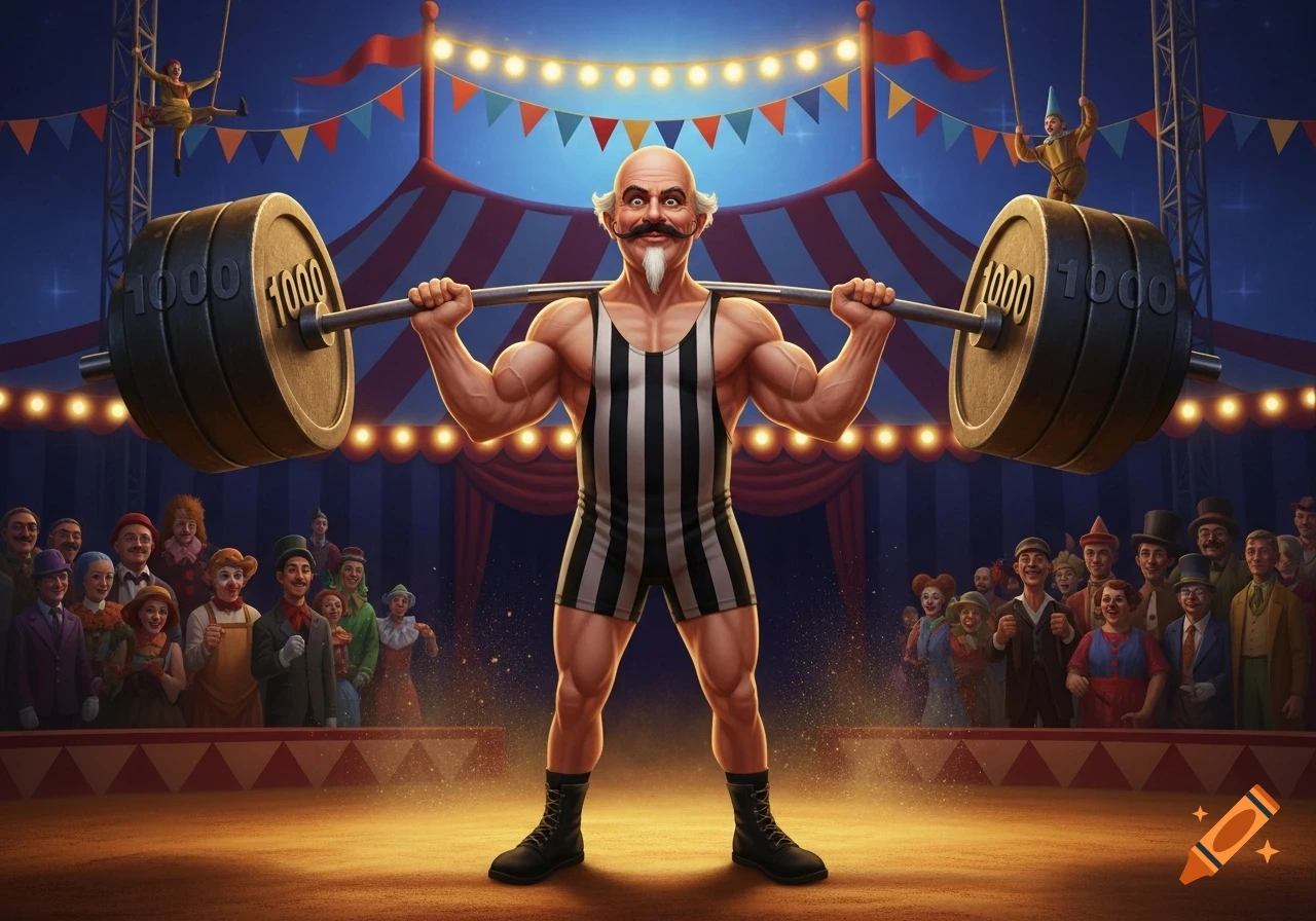 A muscular, bald strongman with a mustache and goatee, wearing a striped singlet, lifts a huge barbell labeled '1000' in a vibrant circus tent filled with spectators.