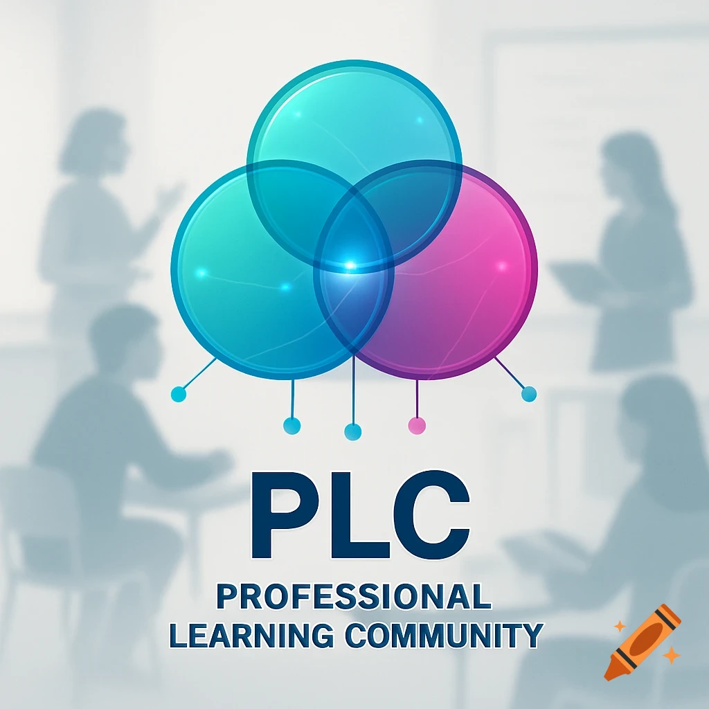 Infographic with interconnected blue and magenta circles and text 'PLC PROFESSIONAL LEARNING COMMUNITY' against blurred classroom background.