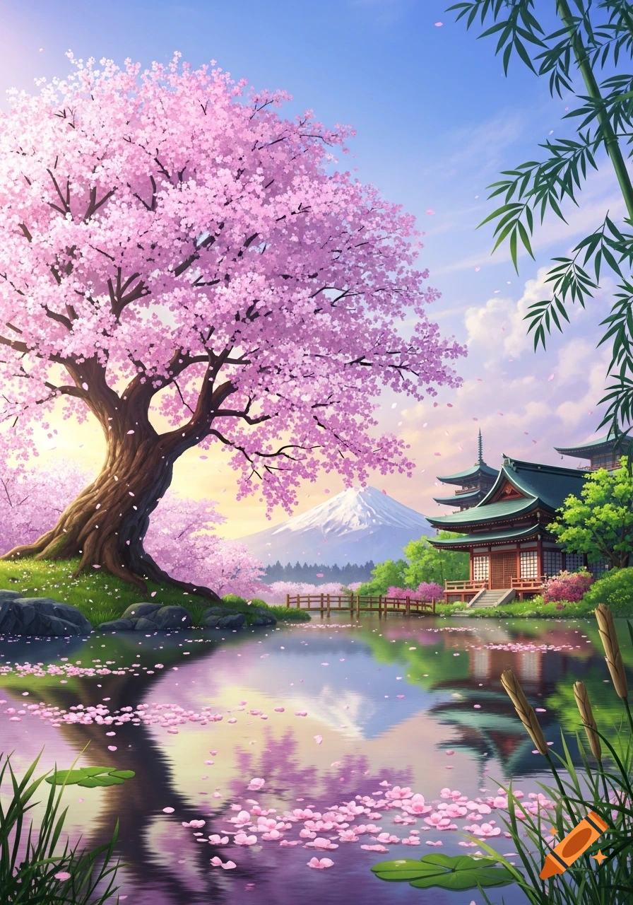 Vibrant anime landscape with a large pink cherry blossom tree, a Japanese temple, and Mount Fuji reflected in a serene lake at sunset.