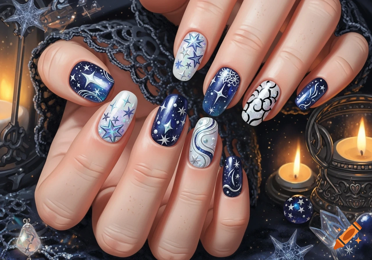 Hands display maximalist winter nail art with blue and white celestial patterns, stars, and swirls, set against a dark background with candles.