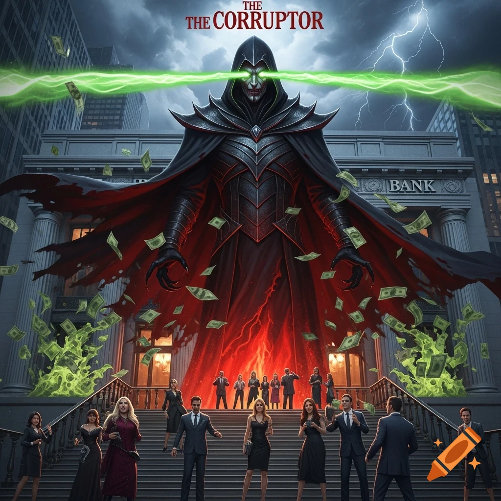 A giant cloaked villain with glowing eyes labeled 'The Corruptor' stands before a bank building, shooting green beams and money at people, dark fantasy art.