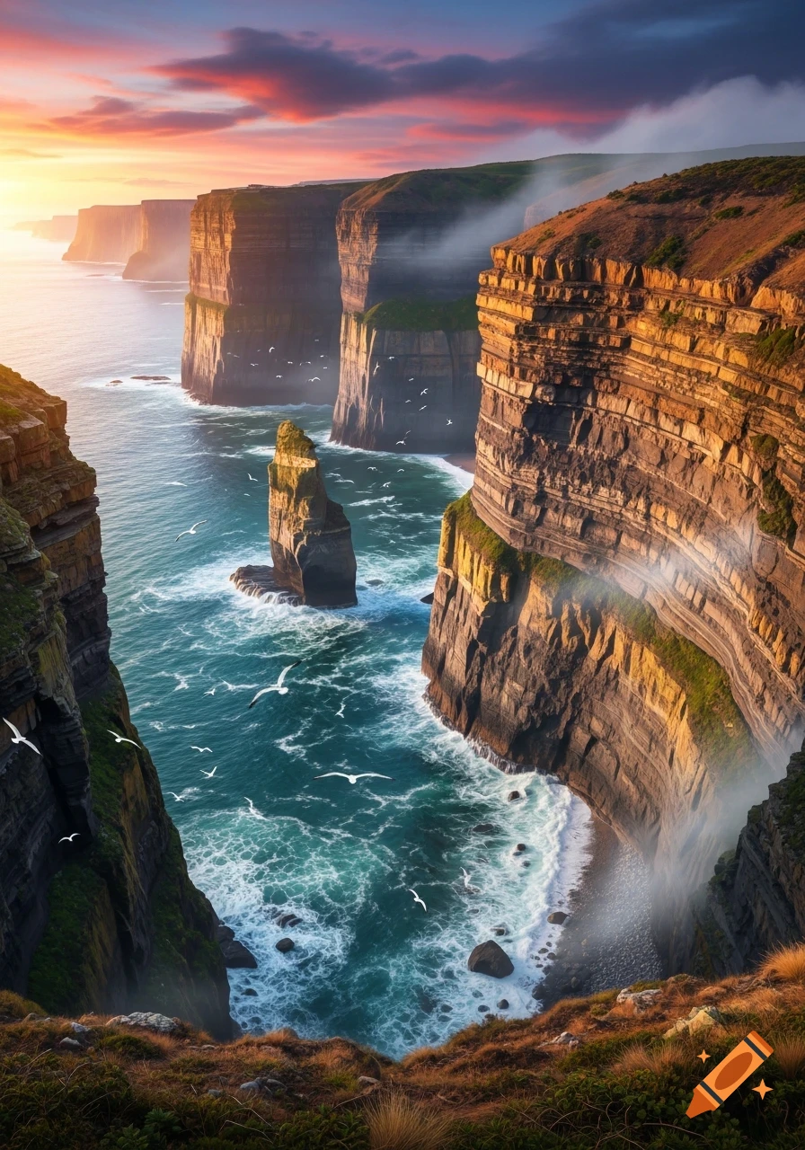 Photorealistic majestic coastal cliffs overlooking a turquoise ocean with a sea stack at sunset, mist, and flying birds.