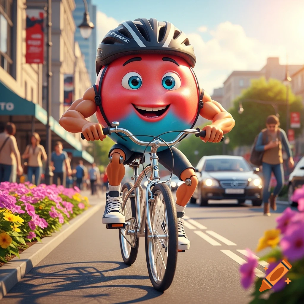 A happy red and blue gumball character with muscular arms and legs, wearing a helmet, rides a bicycle down a sunny city street with flowers and people.