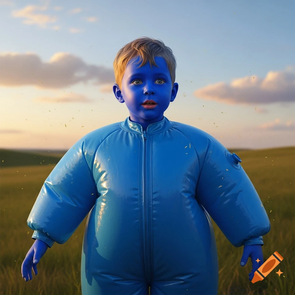 A young boy with blue skin and blonde hair wears a shiny, inflated blue suit while standing in a grassy field under a cloudy sky.