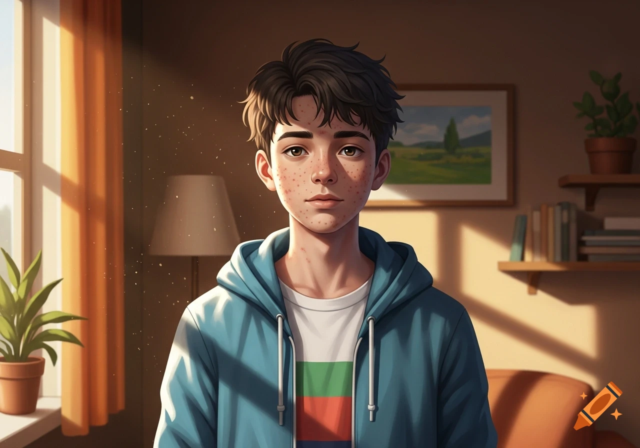 Stylized illustration of a young boy with dark hair and freckles, wearing a blue hoodie, standing in a sunny room.