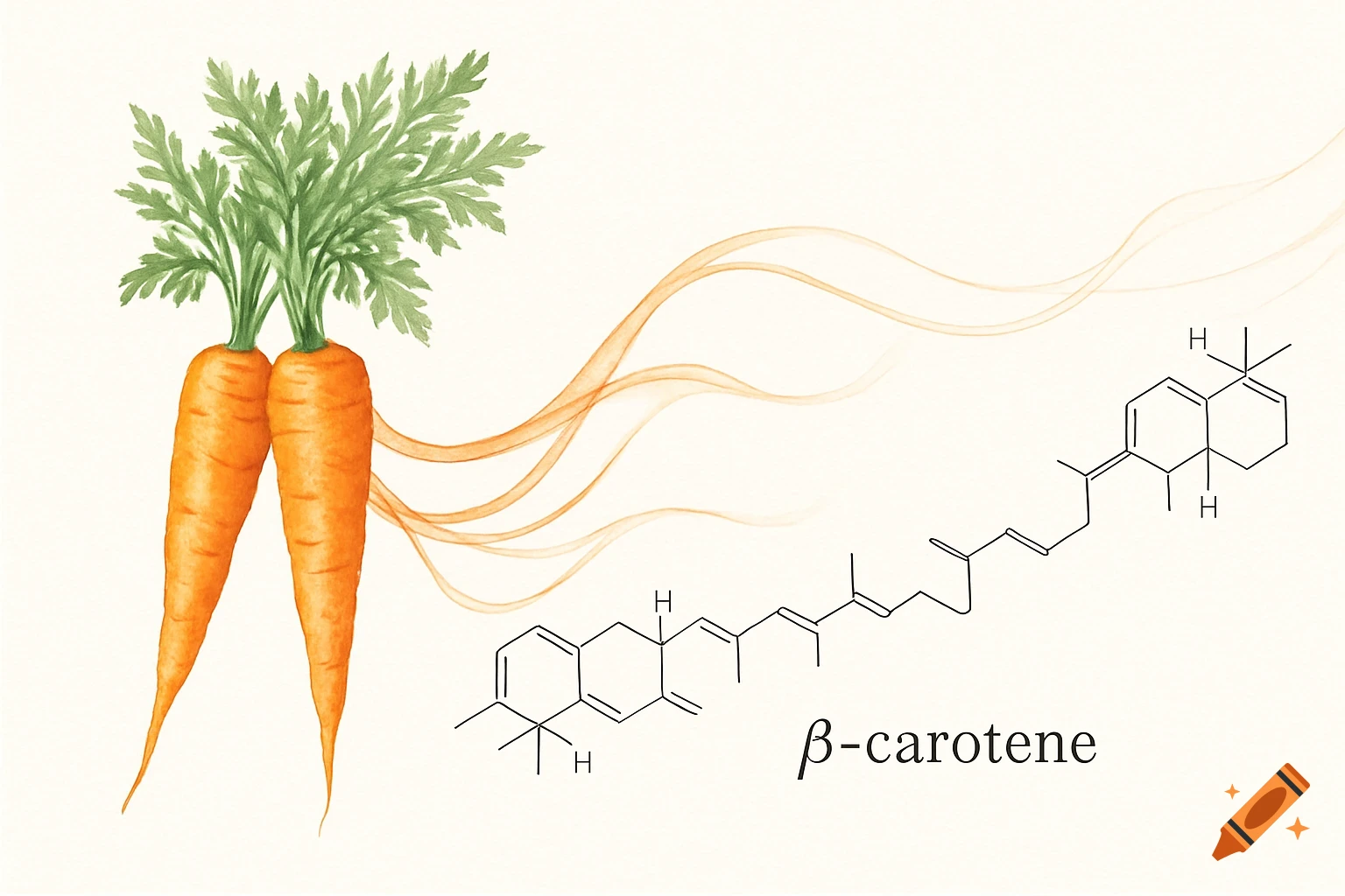 A scientific watercolor illustration with two carrots on the left and a beta-carotene molecule diagram on the right, connected by orange lines.