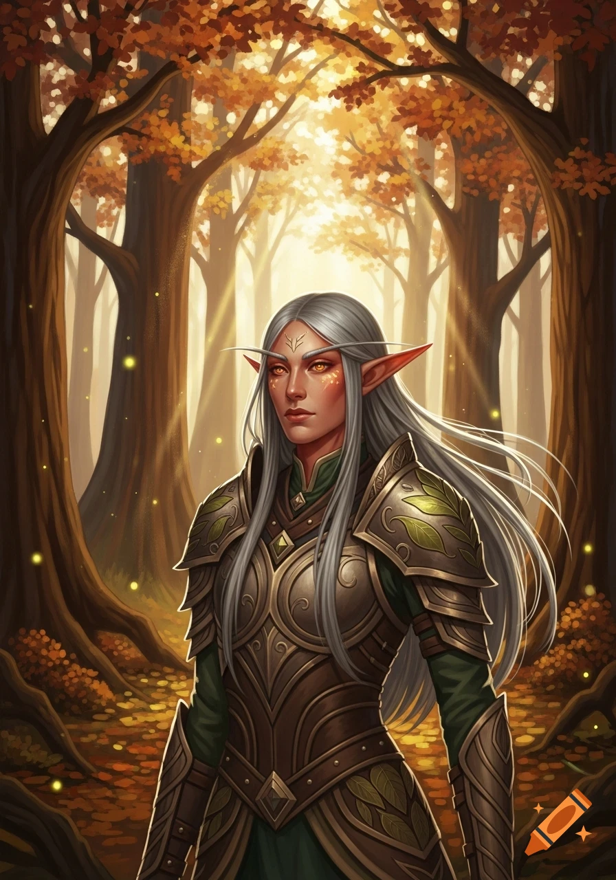 An elf warrior with long gray hair and pointed ears, wearing ornate bronze and green armor, stands in a sunlit autumn forest.