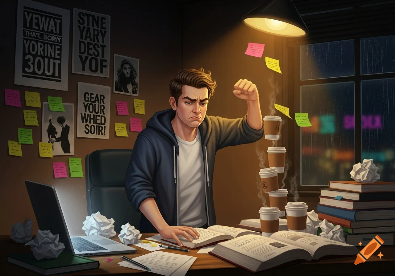 A frustrated male student sits at a desk piled with books, crumpled papers, and multiple floating coffee cups, studying late into a rainy night in a stylized illustration.
