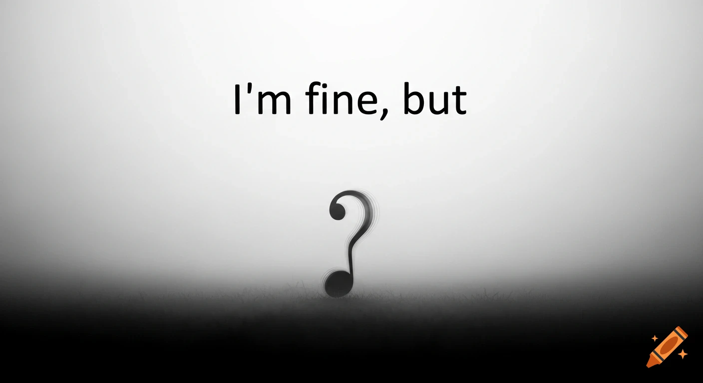 Minimalist black and white image with 'I'm fine, but' and a musical note question mark over a foggy gradient background.