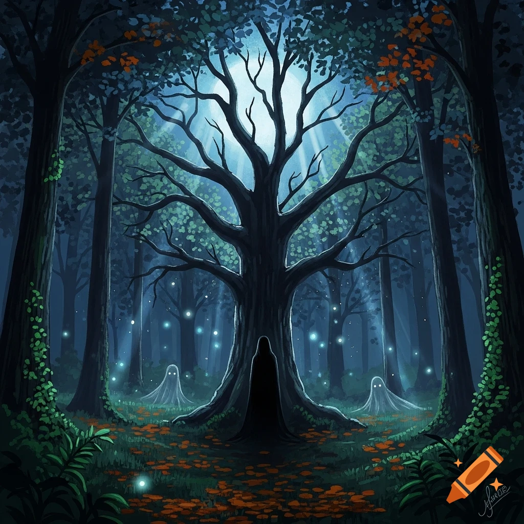 Illustrative dark fantasy forest scene with a large tree, glowing fireflies, and ghost figures.