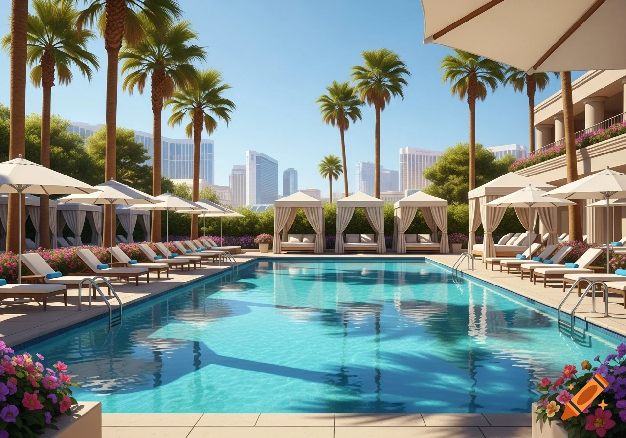 Photorealistic view of a luxurious resort pool with cabanas, lounge chairs, palm trees, and a distant city skyline under a clear sky.