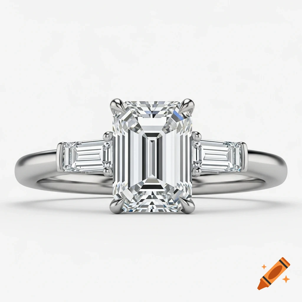 A photorealistic studio shot of a silver ring with a large emerald-cut diamond flanked by two smaller baguette diamonds.