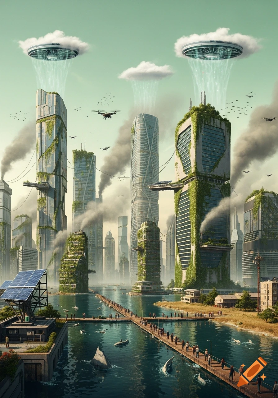 A futuristic city with overgrown skyscrapers, drones, UFOs, and people on a pier over a river with sharks, under a hazy green sky.