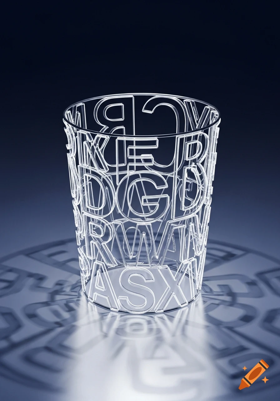 A transparent wireframe wastebasket formed by intertwined white outline letters, reflecting on a dark blue surface.