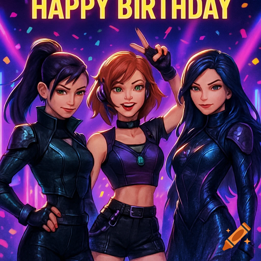 Three animated women, dressed in sleek outfits, pose under vibrant neon lights with "HAPPY BIRTHDAY" text above and confetti.