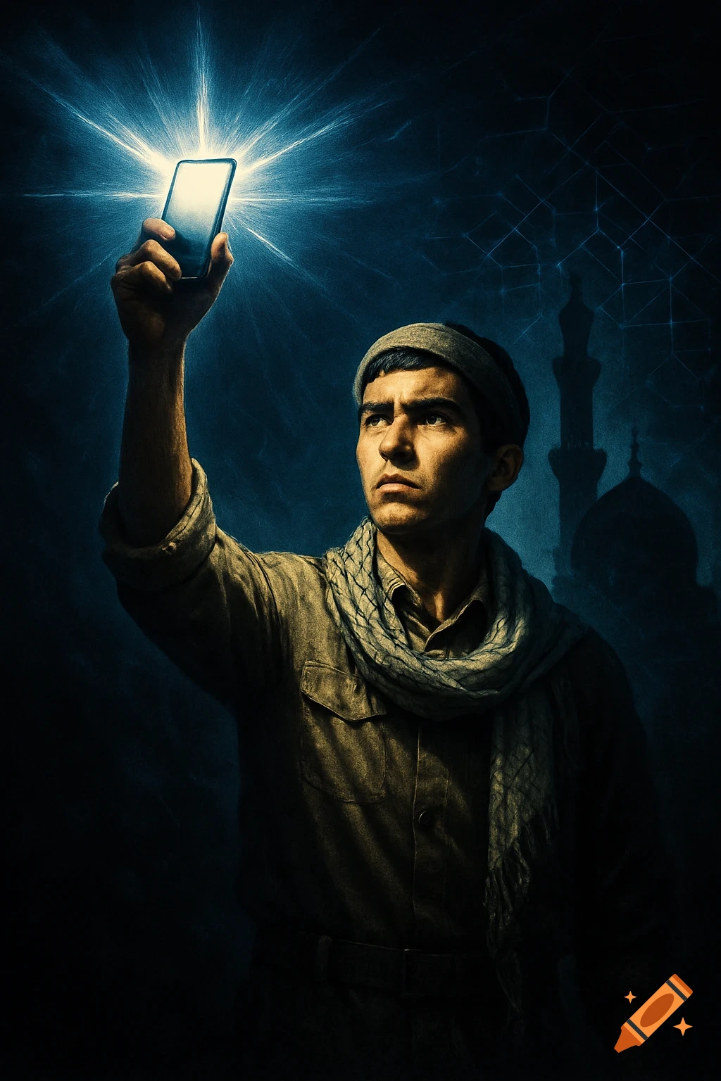 A young man in a keffiyeh holds a brightly glowing smartphone upwards against a dark background with a mosque silhouette and network patterns, in a dramatic movie poster style.