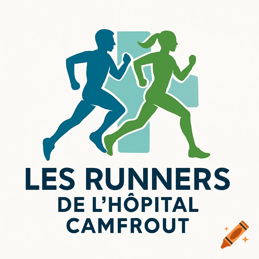 A logo with blue and green silhouette runners over a light blue medical cross, with the text 'LES RUNNERS DE L'HÔPITAL CAMFROUT' below.