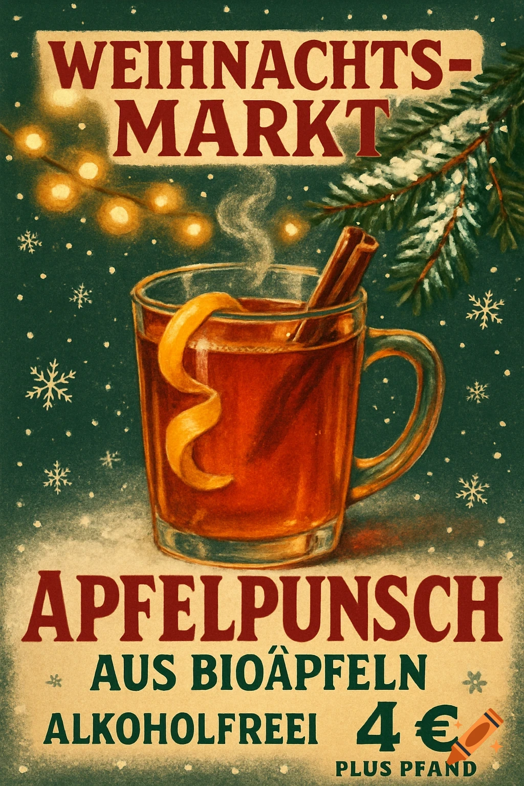 Vintage-style Christmas market poster for non-alcoholic apple punch. Features a steaming mug, orange peel, cinnamon, and falling snow.
