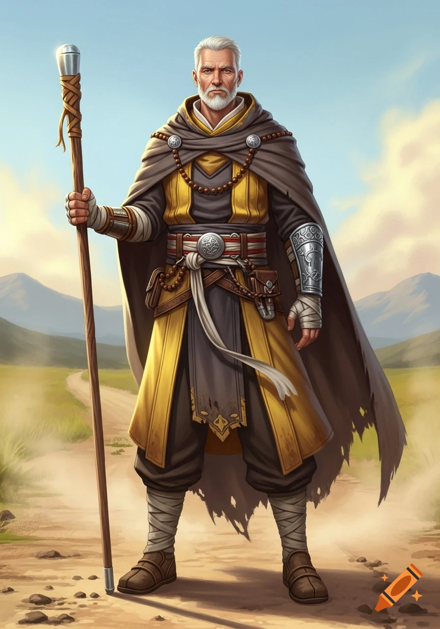 A silver-haired human monk in tattered yellow and brown robes, holding a staff, stands on a dirt road.