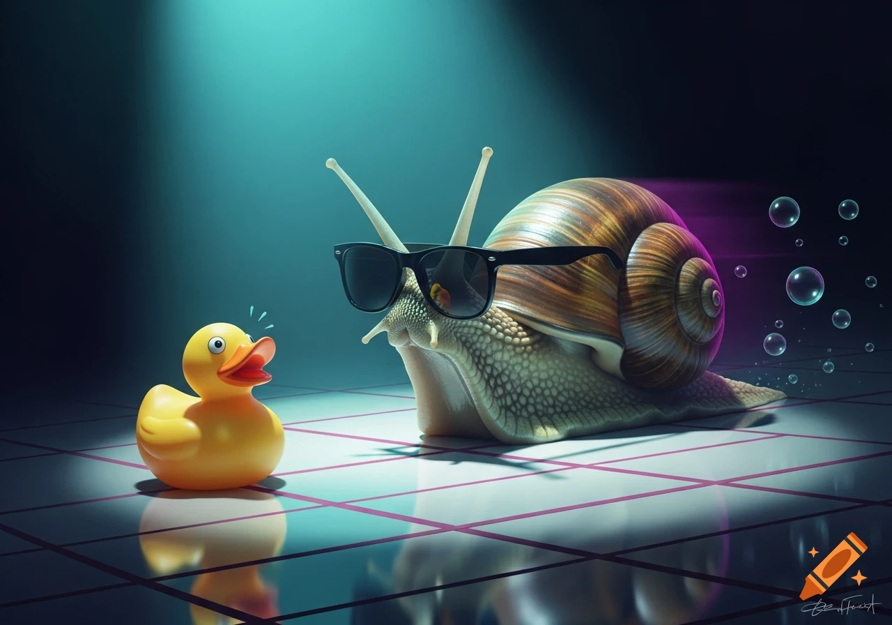 A cool snail in sunglasses approaches a surprised rubber duck on a tiled floor with dramatic lighting and bubbles.