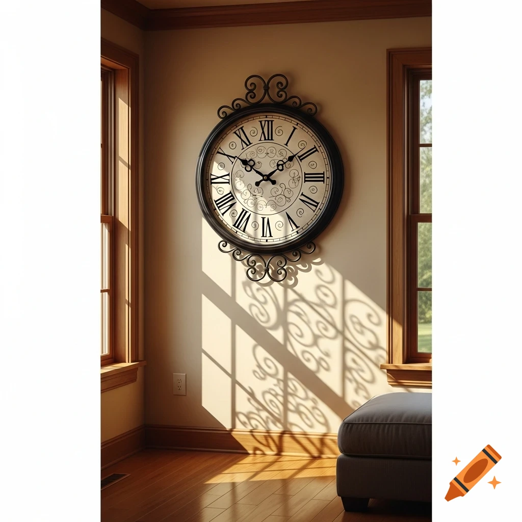 Vintage wall clock with Roman numerals on a beige wall, sunlit room with wooden floors and window frames, part of an ottoman.