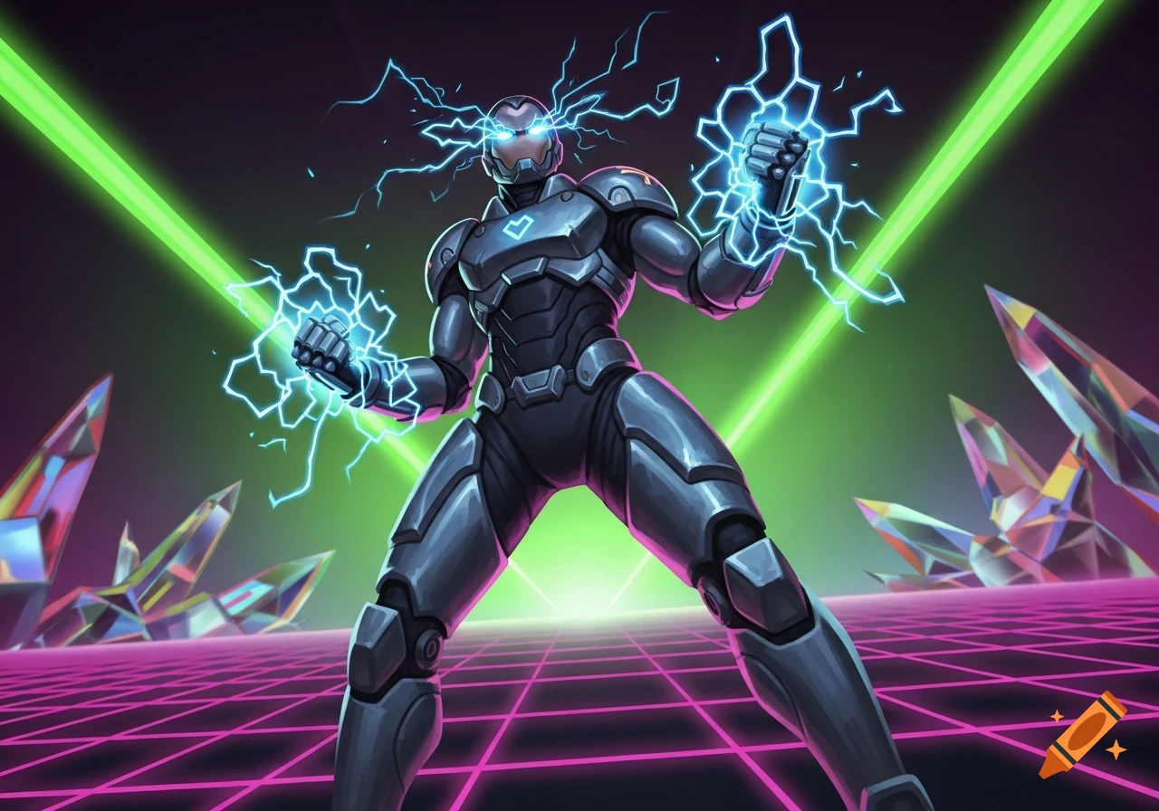 An armored robot in a retro-futuristic setting, emitting blue lightning from its hands and head, stands on a neon pink grid floor with green lasers and colorful crystals.