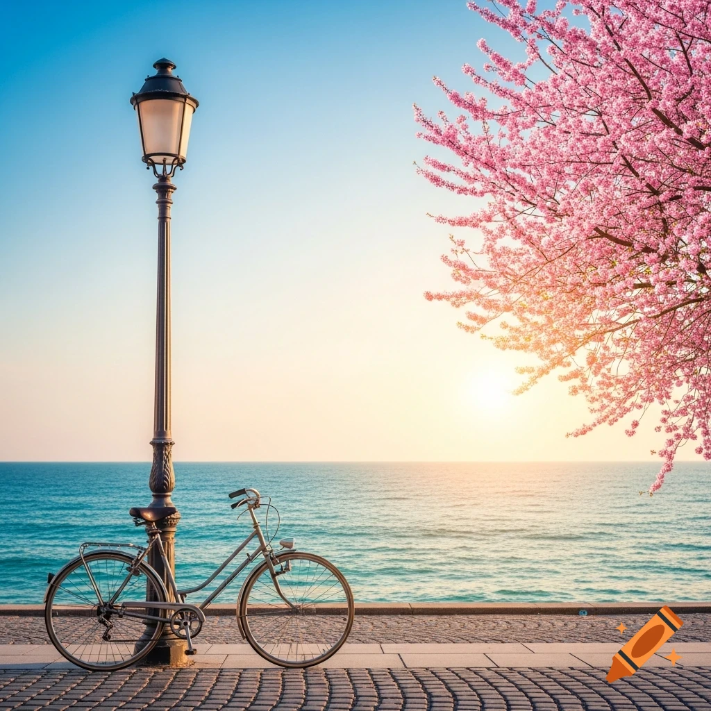 A bicycle parked next to a lamppost on a promenade overlooking the ocean at sunset, with pink cherry blossoms on the right.