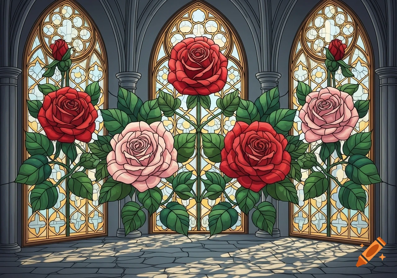 A vector drawing of red and pink roses arranged in front of three gothic stained glass windows, casting light patterns on a stone floor.