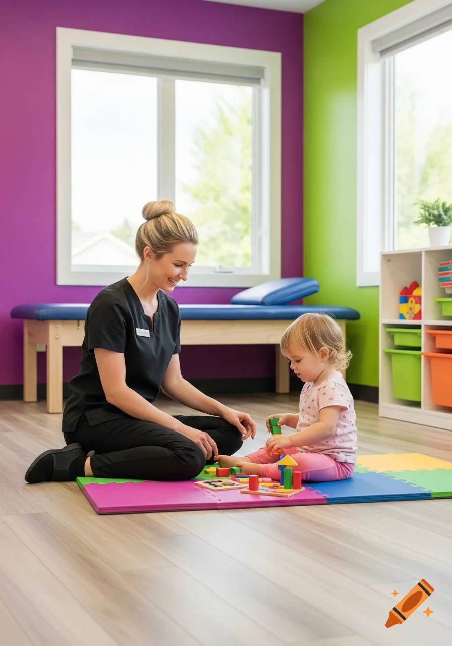 A smiling therapist with a bun plays with a toddler on a colorful mat in a bright purple and green clinic room.