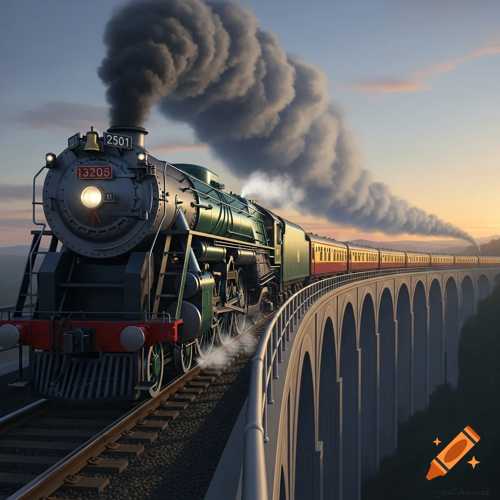 A green and red steam locomotive with smoke billowing, traveling on a curved stone viaduct bridge at sunset.