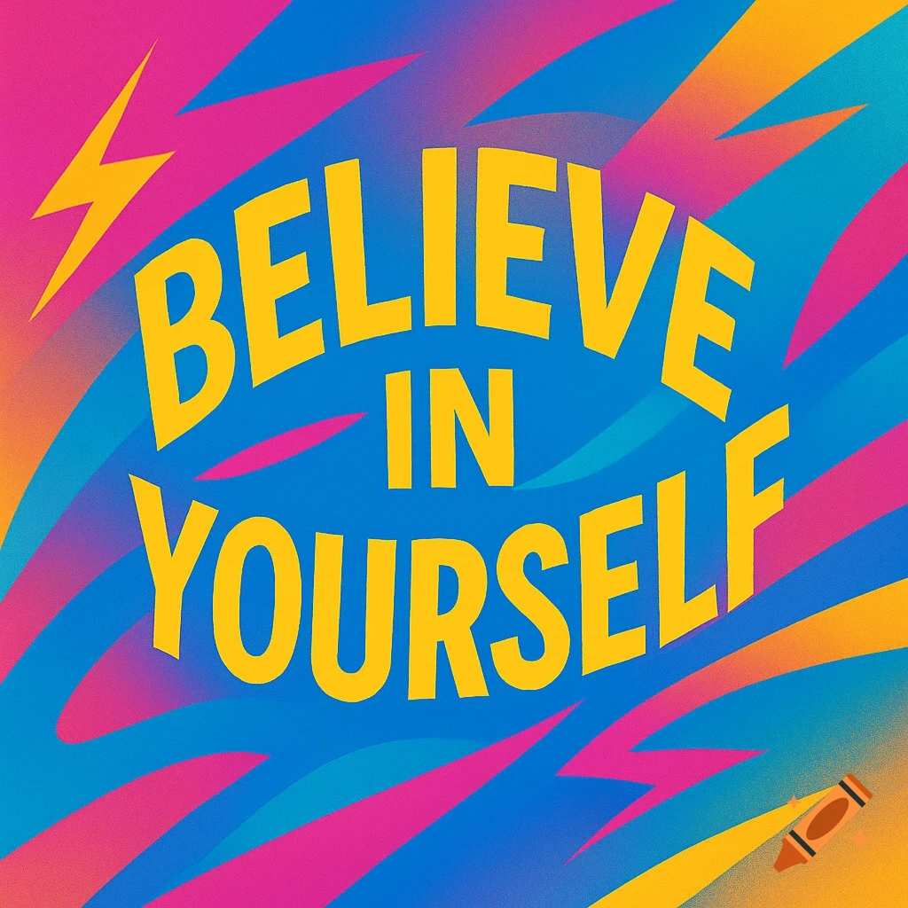 Yellow text "BELIEVE IN YOURSELF" on a vibrant blue, pink, and orange abstract background with yellow lightning bolts, in a modern graphic style.