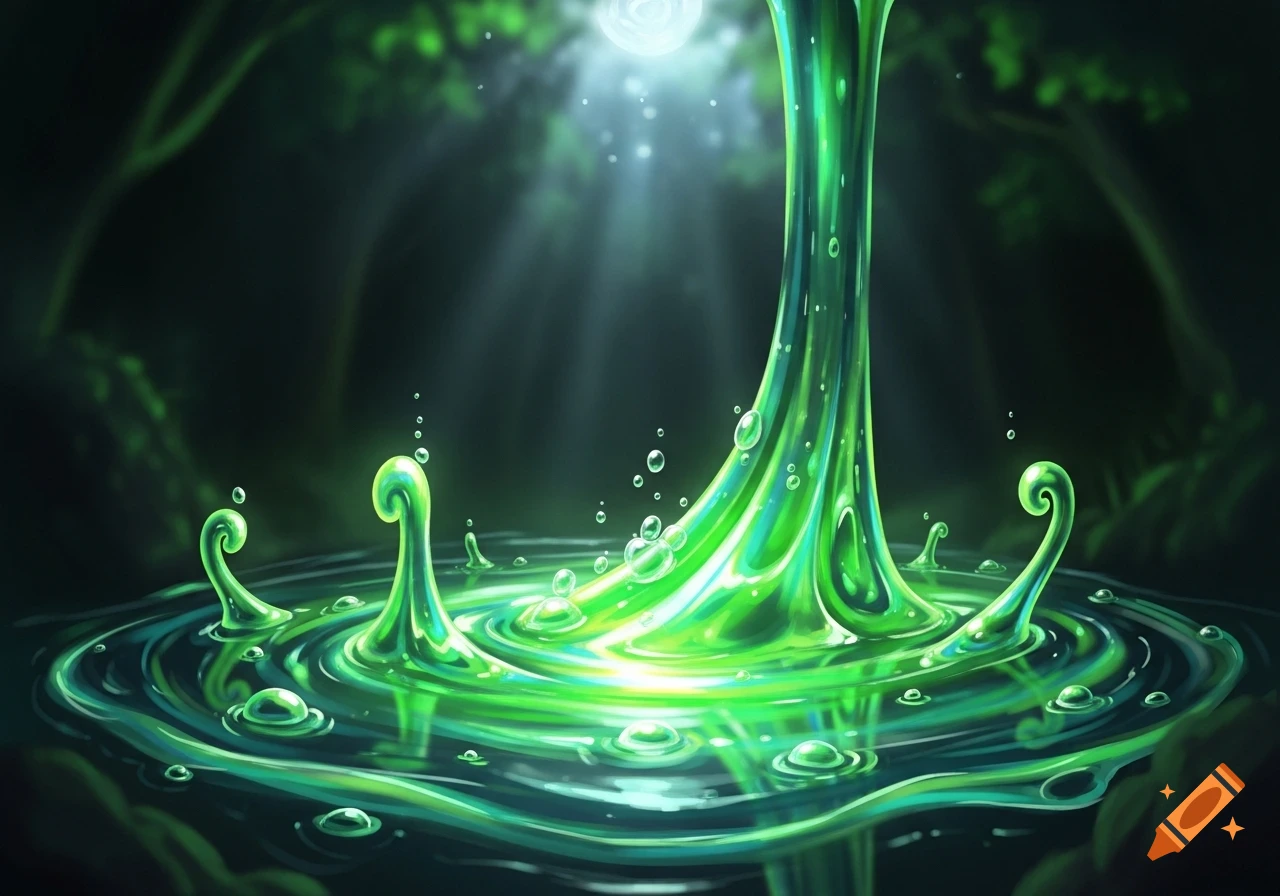 Vibrant glowing green slime rises from a dark pool with ripples and bubbles in a mysterious, dark forest.