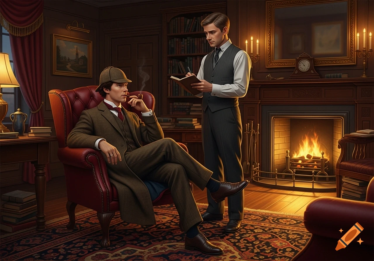 Two men in a richly decorated Victorian study. One sits smoking a pipe, while the other stands holding a notebook and pen. A fireplace glows in the background.