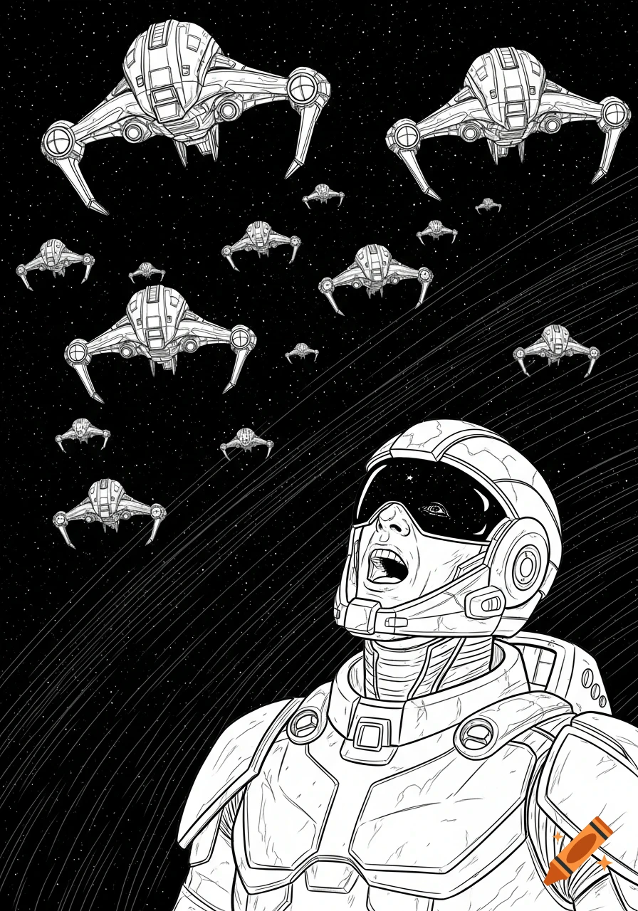 Black and white line art of a space pilot shouting at an armada of ...
