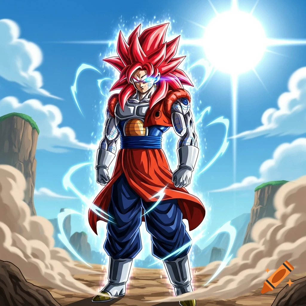 A powerful red-haired android character in Dragon Ball Z style, with glowing blue eyes and a blue aura, stands in a desolate, sunny landscape.