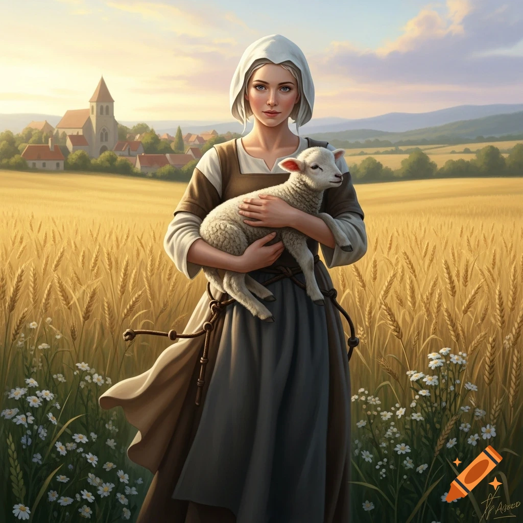 A young woman in peasant clothing cradles a lamb in a golden wheat field, with a village in the background under a sunset sky.
