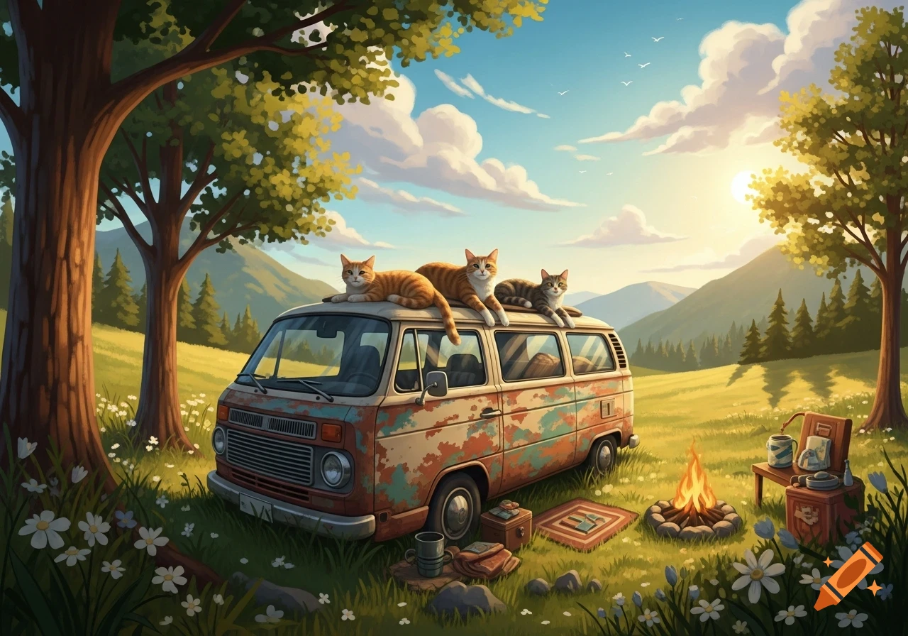 Three cats relax on a vintage van parked in a sunny meadow with a campfire, surrounded by trees and mountains.