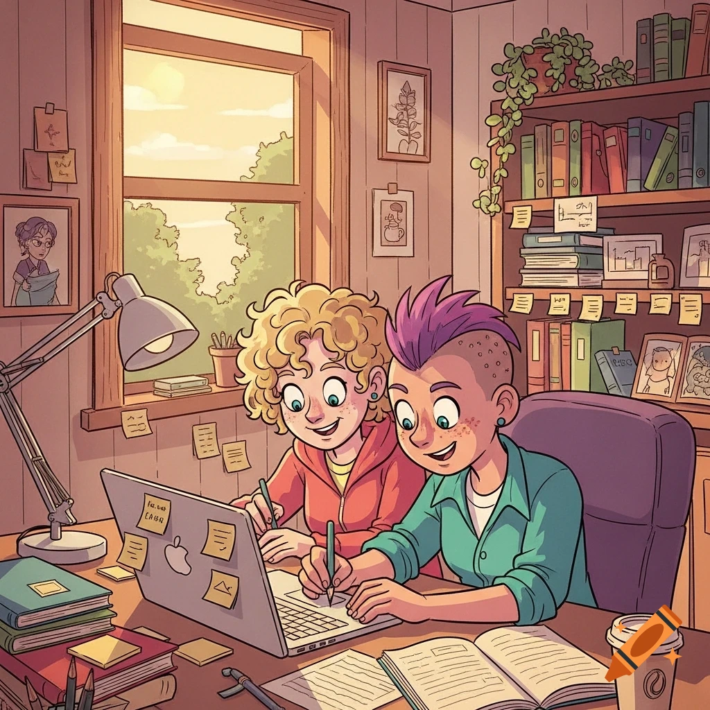 Cartoon of two young people smiling and writing together on a laptop at a sunny desk filled with books and sticky notes.