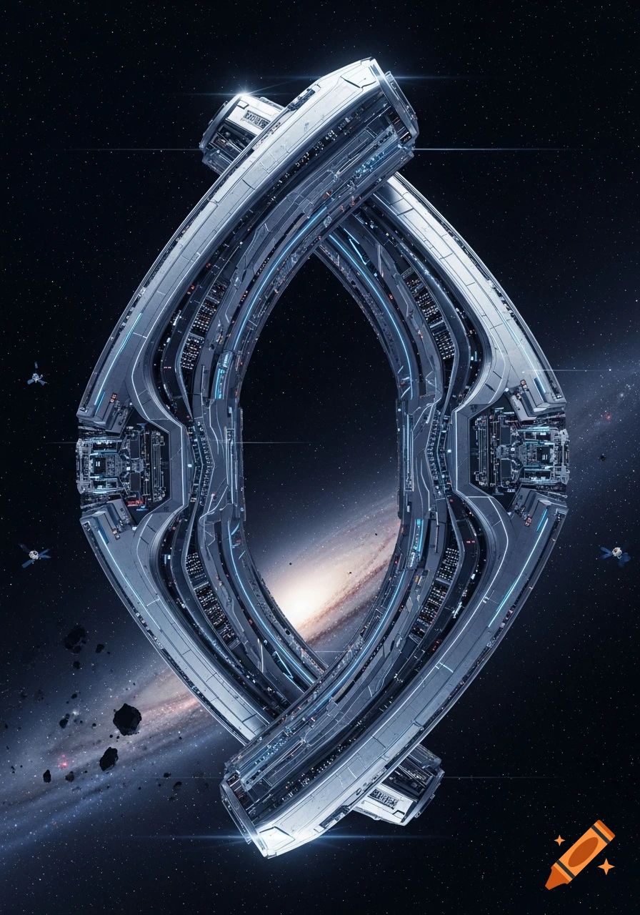 A futuristic, metallic spaceship resembling two interlocking loops, detailed with glowing blue lights, set against a star-filled galaxy background with small asteroids.