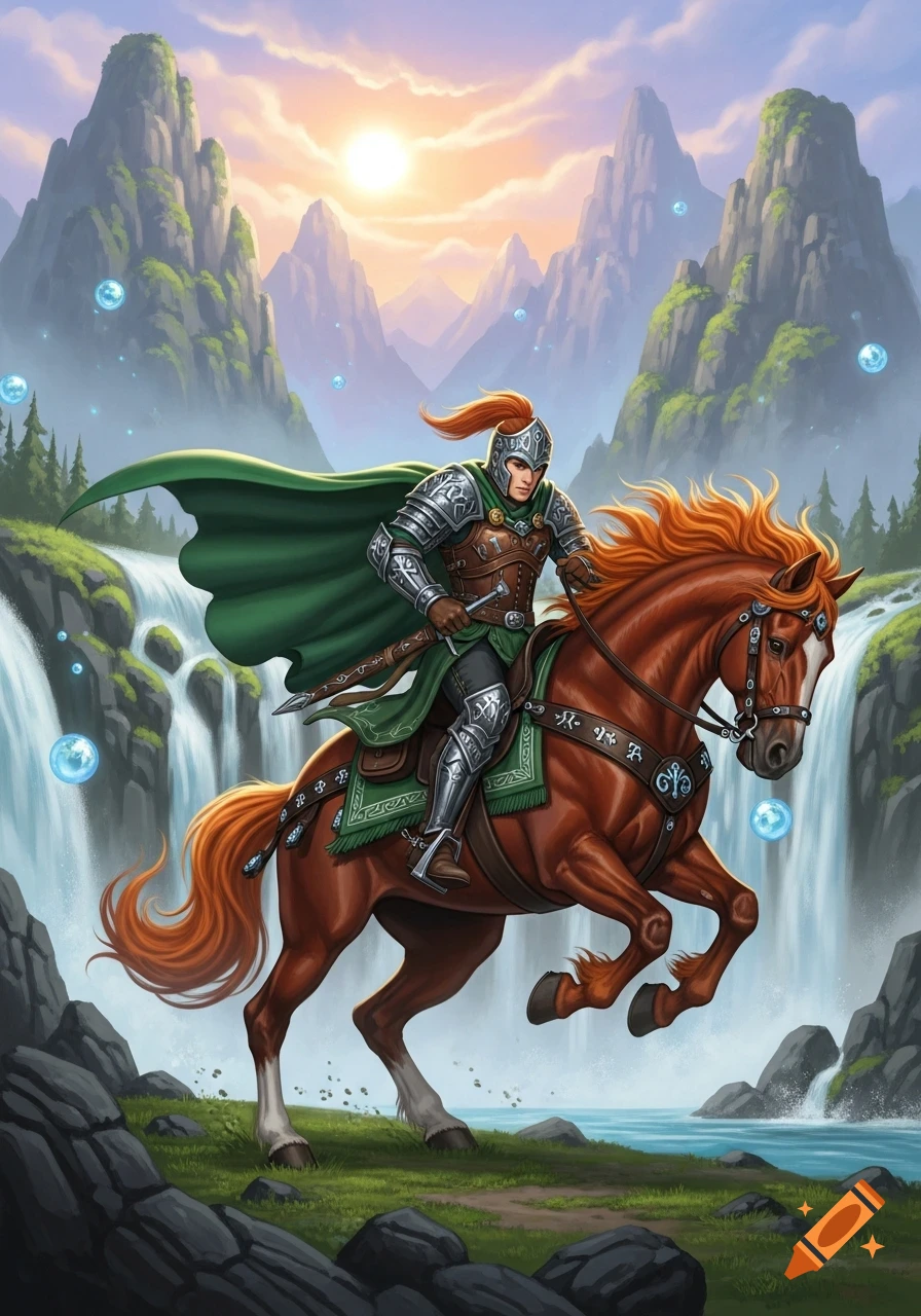 A knight in armor with a green cape rides a brown horse through a fantasy mountainous landscape with waterfalls at sunset.