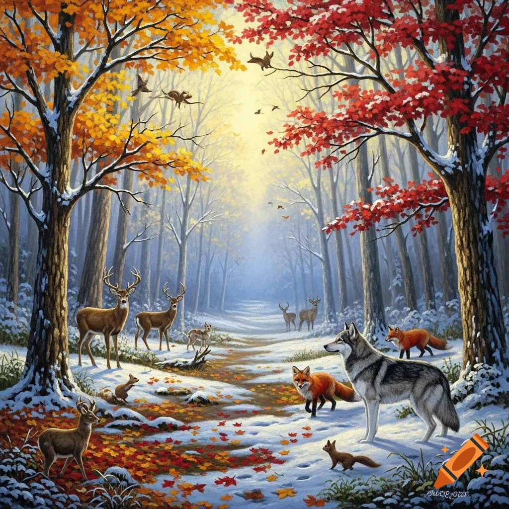 Oil painting of various forest animals, including deer, foxes, and a wolf, walking on a snowy path covered in autumn leaves.