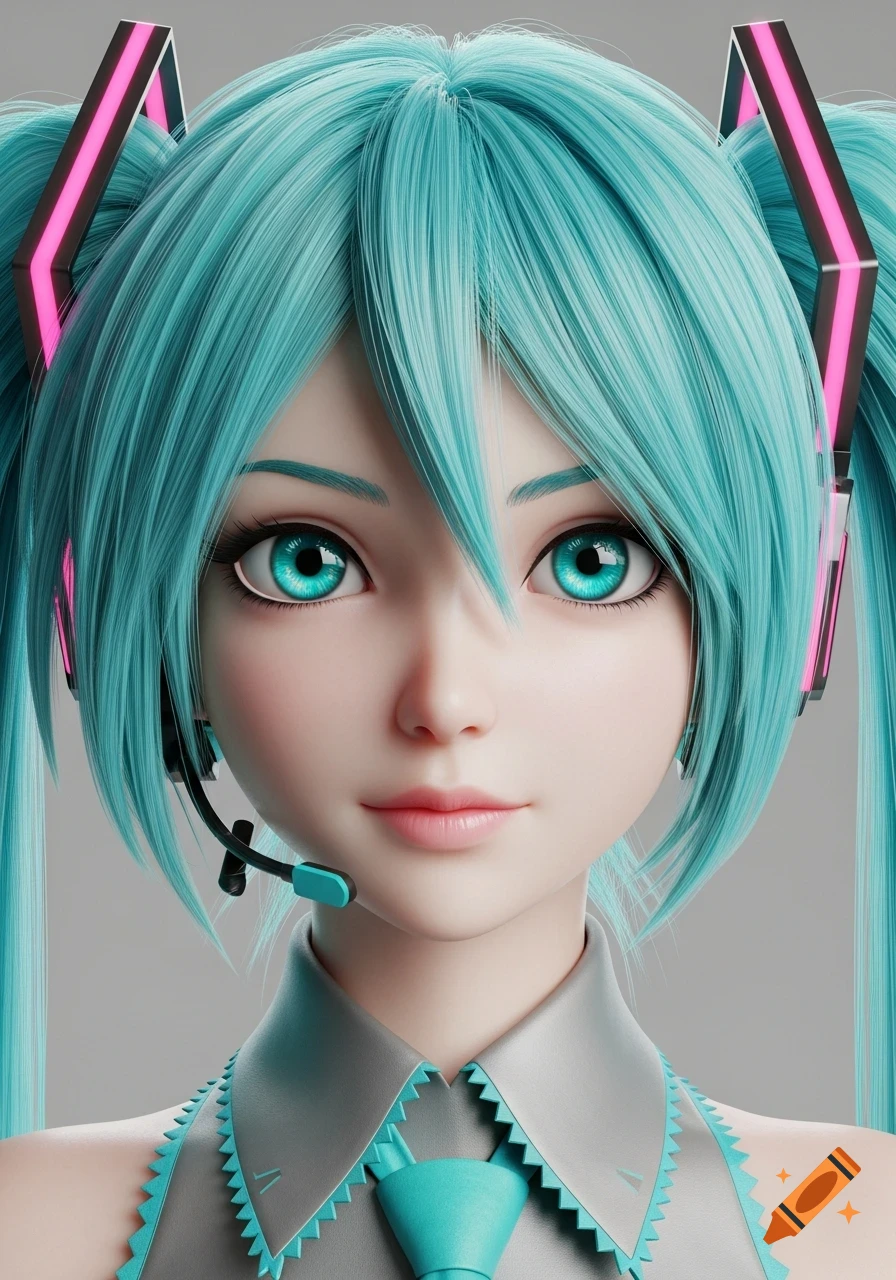 A hyperrealistic 3D portrait of Hatsune Miku with vibrant blue hair, matching eyes, a headset, and a grey and teal uniform.