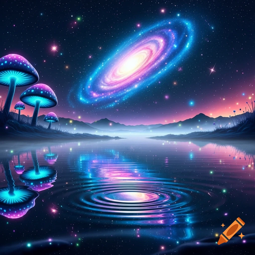A vibrant psychedelic landscape with glowing mushrooms by a reflective lake under a starry galaxy sky.