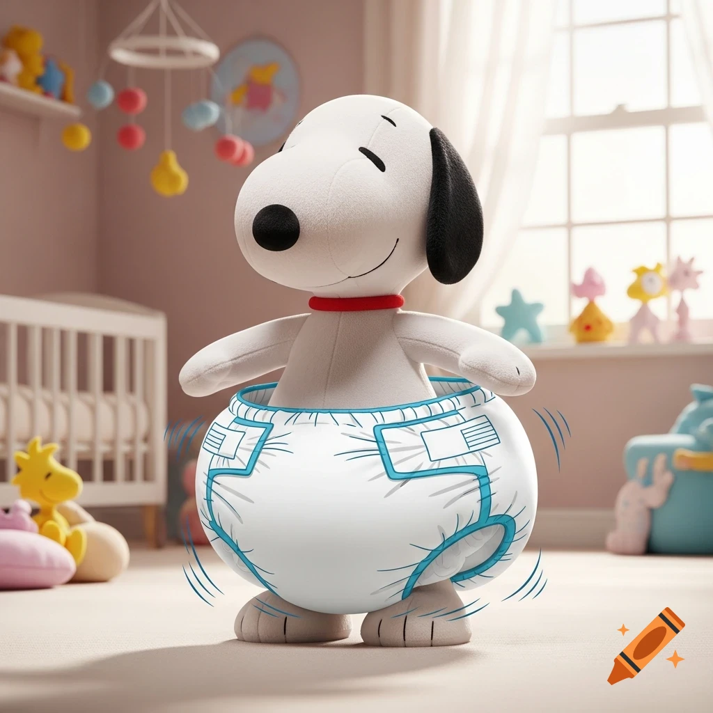 A photorealistic Snoopy plush toy wearing a large white diaper, standing in a bright baby nursery with a crib and mobile.