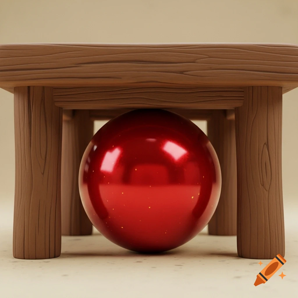A shiny red ball rests beneath a brown wooden cartoon table in a 3D rendering.