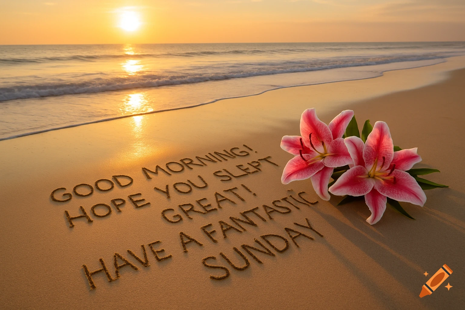Photorealistic image of 'Good morning! Hope you slept great! Have a fantastic Sunday' written in sand on a beach at sunrise, with two pink stargazer lilies.