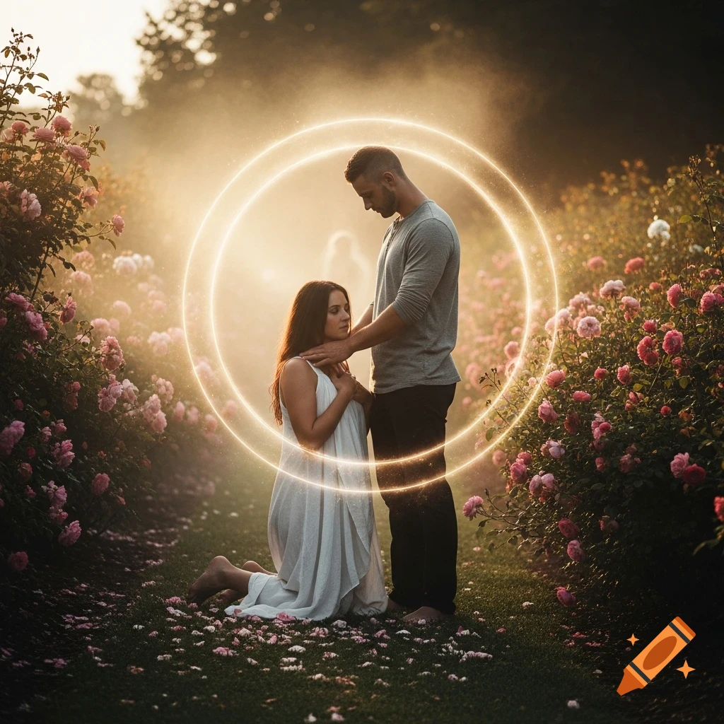 A man stands over a kneeling woman in a romantic rose garden at dawn, enveloped in golden light and encircled by a luminous ring.