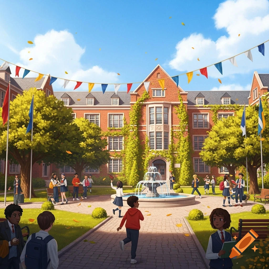 Illustrated scene of students in a sunny school courtyard with a fountain, trees, and a large brick building decorated with colorful pennants.