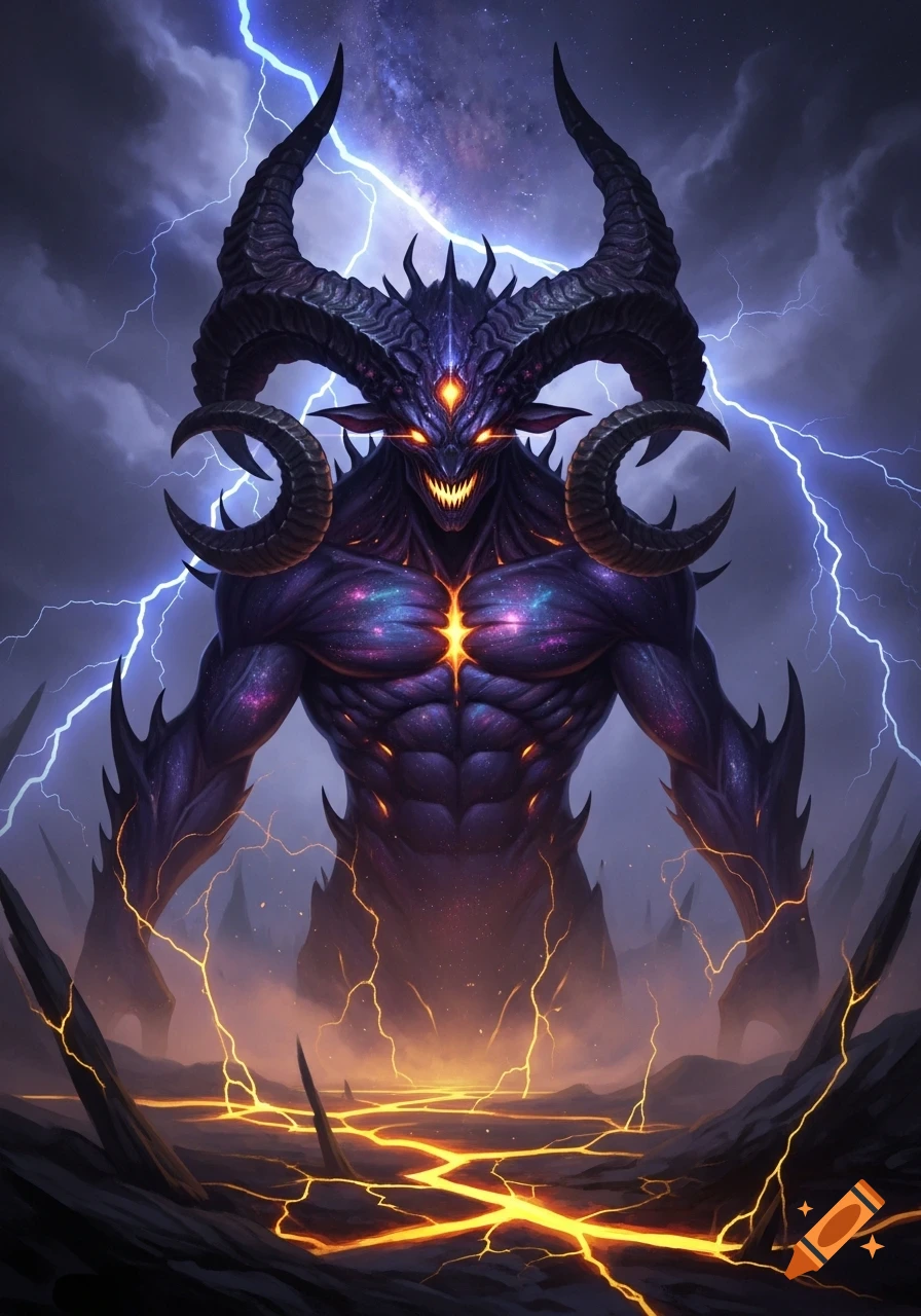 A powerful purple eldritch demon with glowing eyes, ram horns, and galaxy skin stands on cracked fiery ground under a lightning-filled sky.