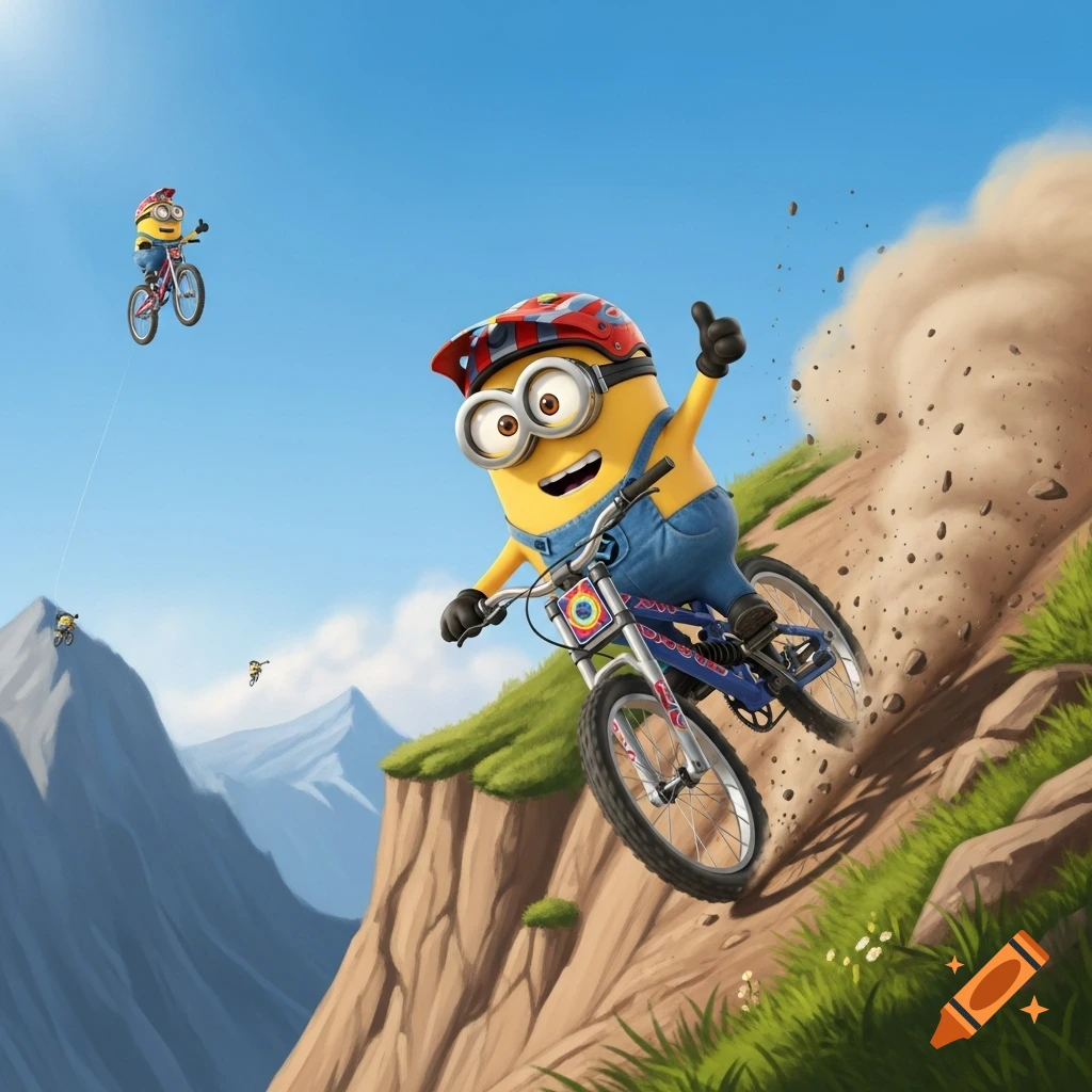A smiling Minion in a helmet and overalls gives a thumbs up while riding a mountain bike downhill, kicking up dirt. Other Minions are in the distant background, with steep mountains and a blue sky.